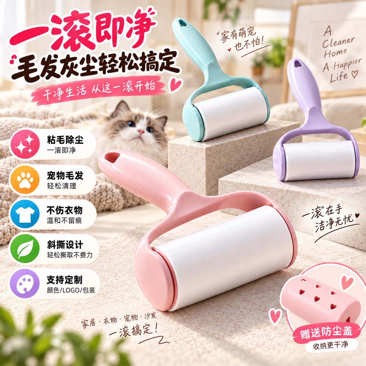可撕式粘毛器家居宠物毛发除尘滚刷衣物去毛刷一滚即净家用除毛滚