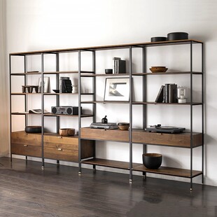 北欧实木书架书柜客厅落地储物架收纳架子美式LOFT复古铁艺置物架