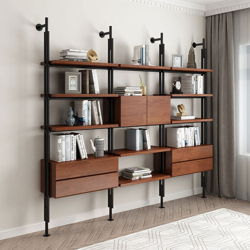 南辉铁艺实木书架书柜一体整墙