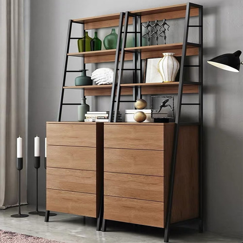 实木书架定制北欧书柜一体整墙落地置物架铁艺收纳柜靠墙多层柜子
