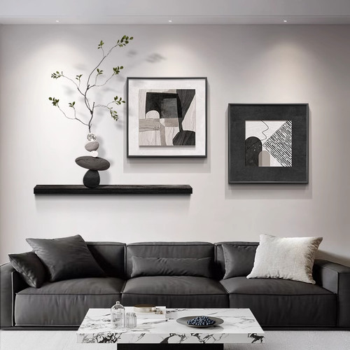 黑白灰抽象客厅装饰画简约现代沙发背景墙挂画高级感饭厅组合壁画