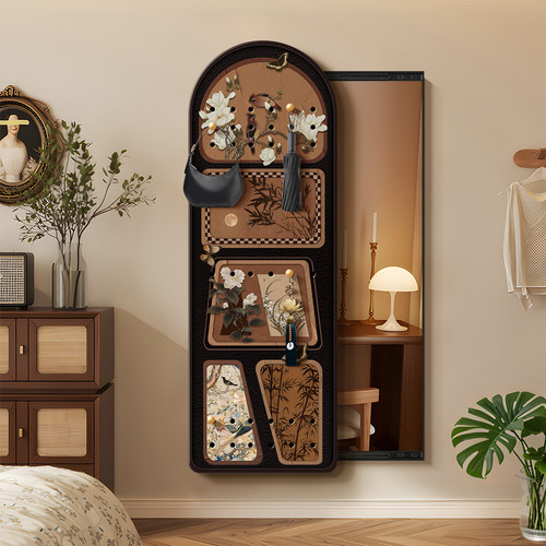 中古风洞洞板置物装饰画覆古隐藏式全身镜挂画推拉穿衣镜玄关壁画