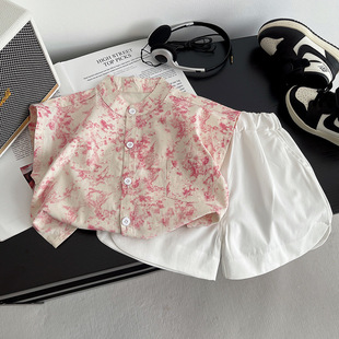 粉色系儿童短袖衬衫夏装男童立领碎花宝宝小童韩范半袖女童衬衣