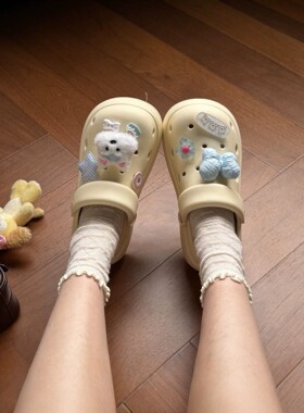 可爱卡通蓝色小狗洞洞鞋女外穿厚底增高防滑透气包头两穿凉拖鞋潮