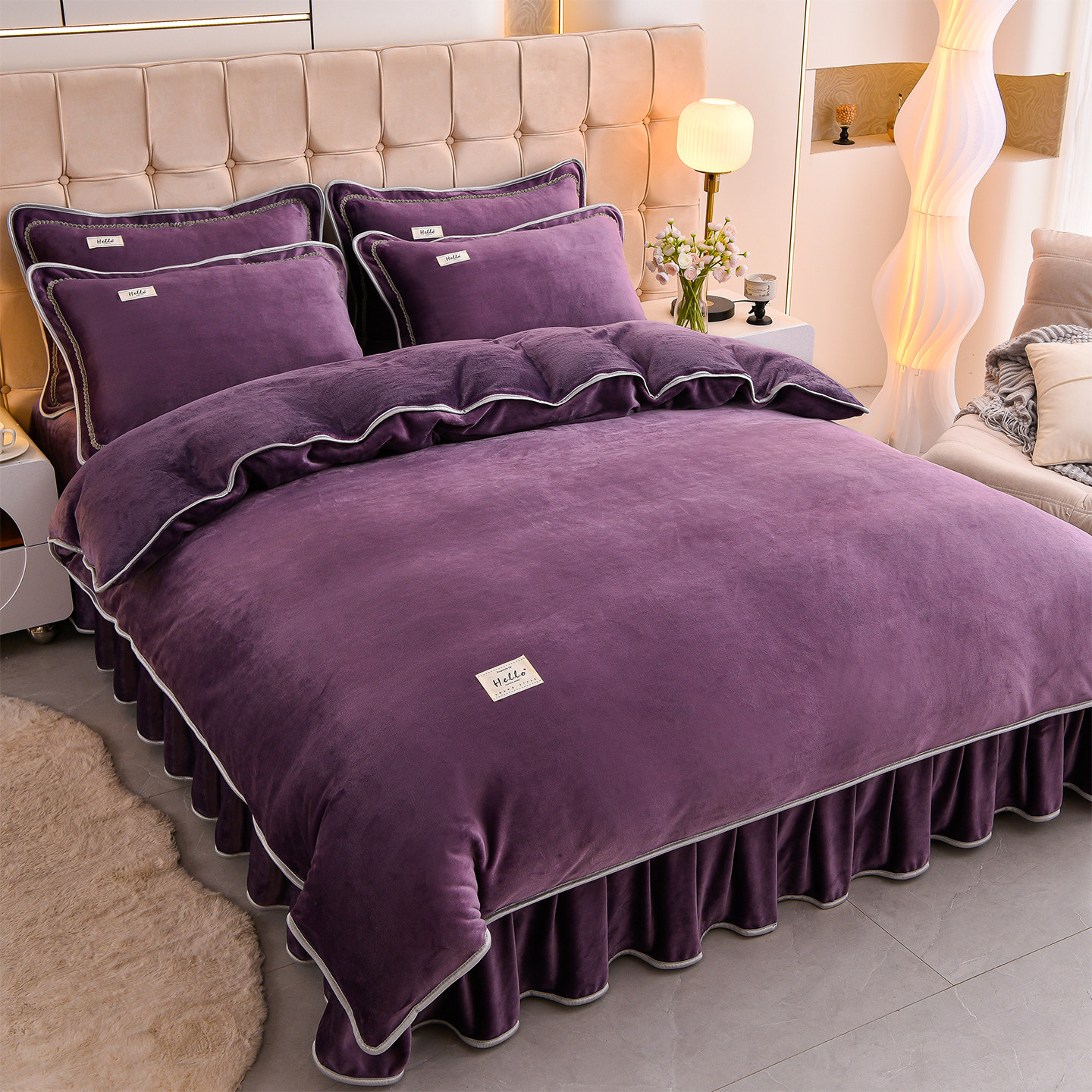 2025紫色高克重纯色牛奶绒四件套床裙款床单被套床上用品秋冬季