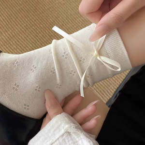 白色芭蕾风袜子春夏季薄款镂空网眼蝴蝶结中筒jk堆堆袜女款小腿袜