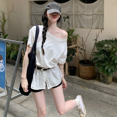 韩版不规则斜肩收腰短袖t恤女夏显瘦宽松设计感休闲别致露肩上衣