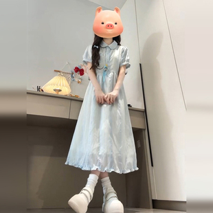 蓝色学院风连衣裙子女装 小个子穿搭独特漂亮绝美长裙 夏季 2025新款