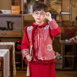 男童冬装汉服儿童唐装加厚拜年服男孩本命年红色套装加绒男宝龙年