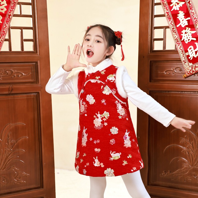 女童唐装冬季拜年服红色儿童马甲无袖旗袍加厚背心裙女孩新年汉服