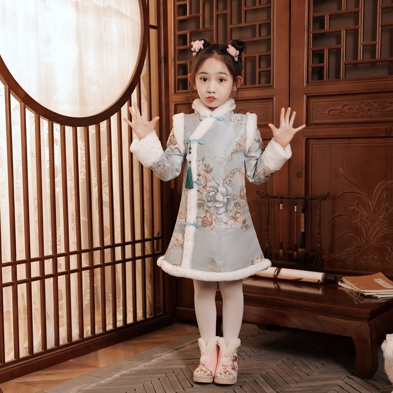儿童唐装马甲女童背心裙旗袍连衣裙冬加厚加绒超仙中国风拜年服春