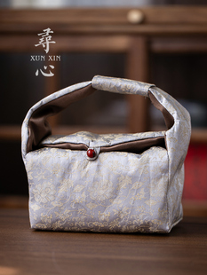 寻新缠莲锦茶包旅行手提式茶具化妆品包中国风加厚布袋，有隔层