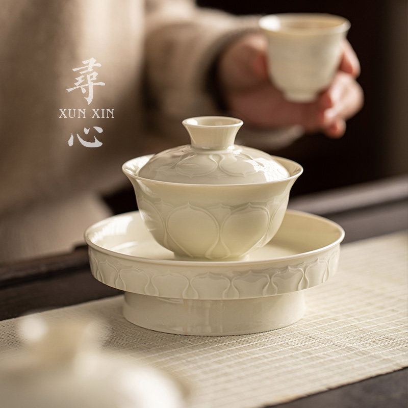 寻心定窑白陶瓷盖碗茶杯功夫茶具图片