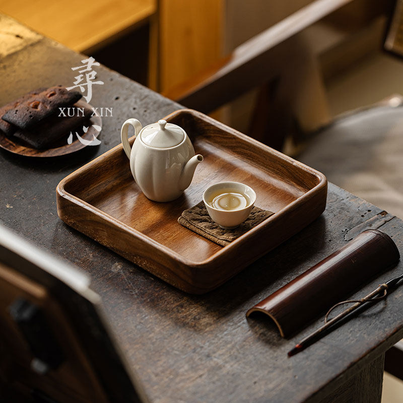 寻心胡桃木家用简约四方茶点盘中式覆古实木茶托 托盘茶具收纳干