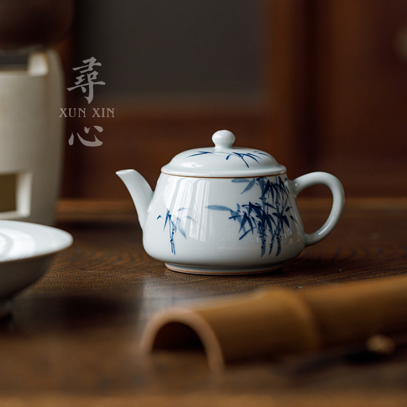 寻心仿古釉青花蓝竹茶壶釉下彩陶瓷泡茶壶大容量手工功夫茶具单壶