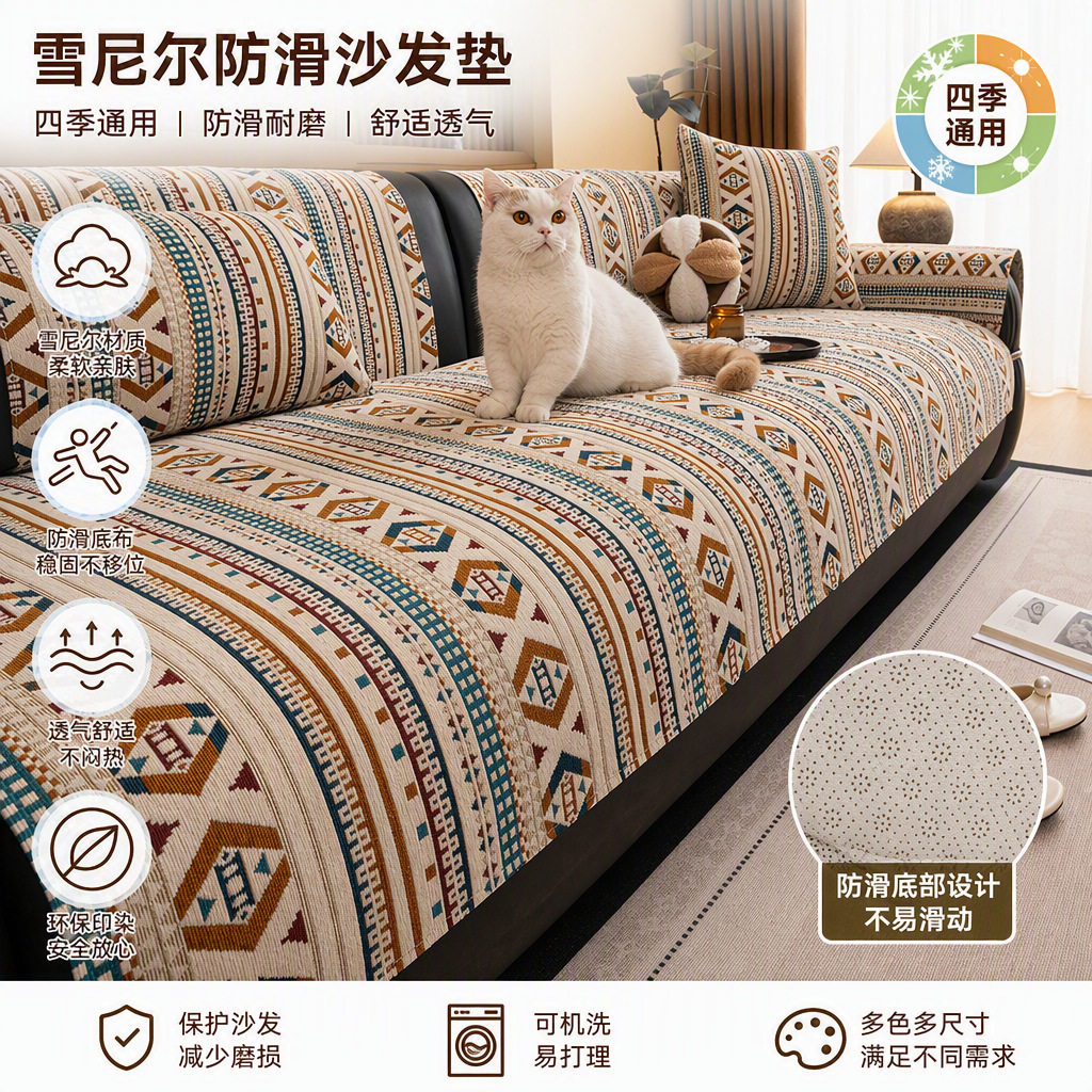 波西米亚民族风雪尼尔沙发垫防滑轻奢高级四季通用防猫抓沙发坐垫
