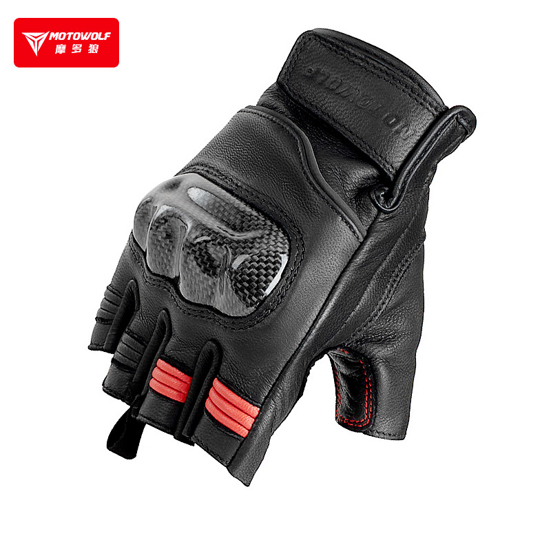 摩托车夏季碳纤维真羊皮半指手套