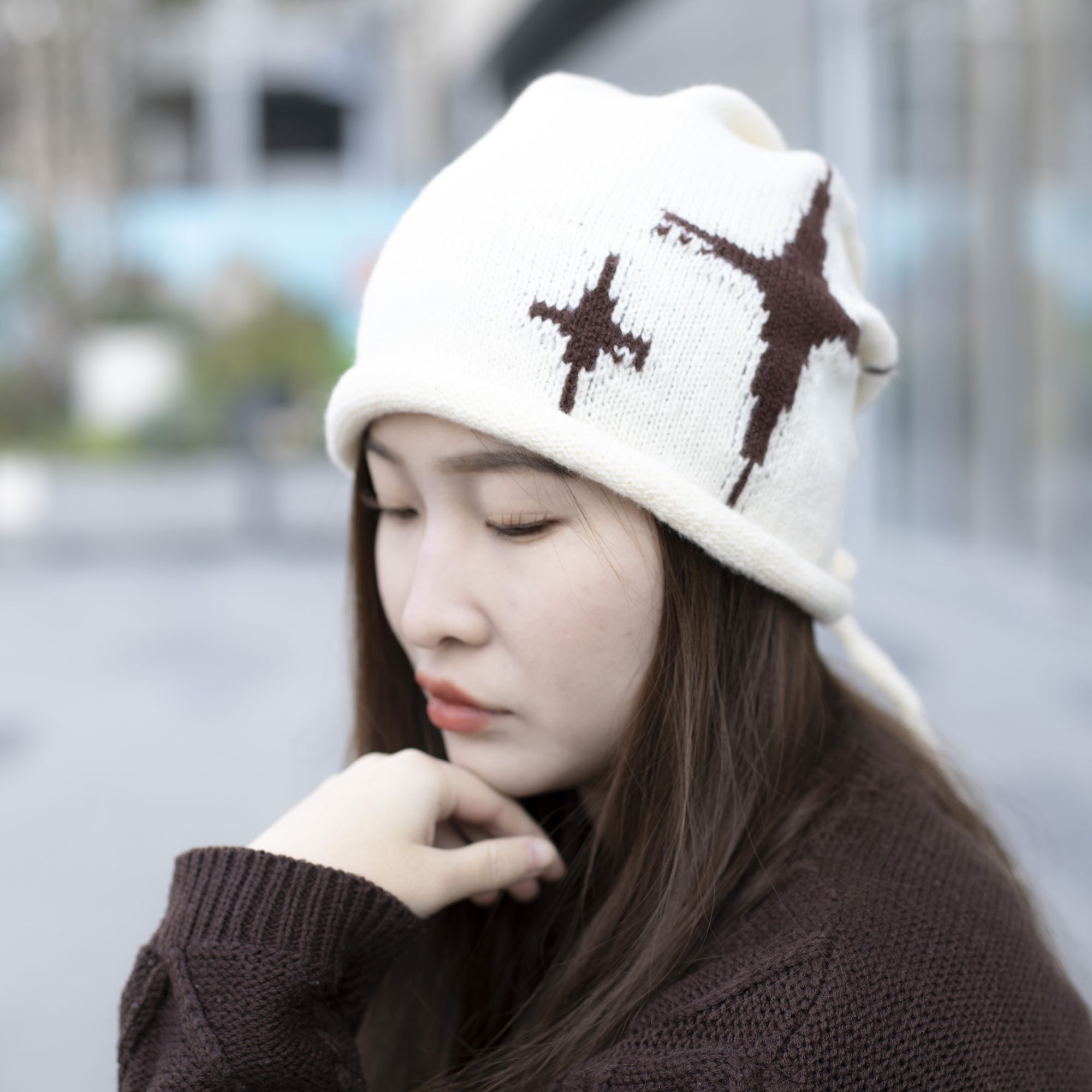 秋冬新款针织堆堆帽女韩版星星抽绳百搭休闲时尚护耳显脸小包头帽