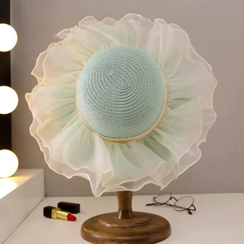 儿童遮阳帽春夏防晒时尚大檐草帽女孩蕾丝蝴蝶结网纱公主风渔夫帽