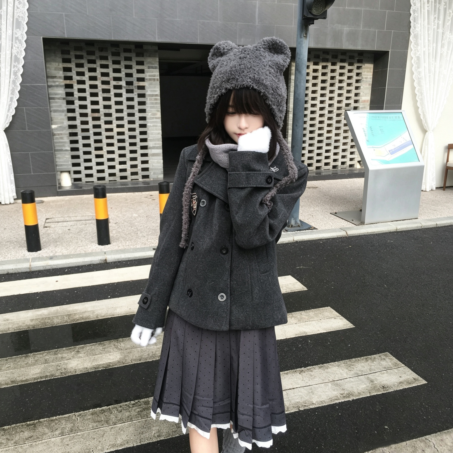 秋柚语原创日系通勤风双排扣呢大衣女短款上衣jk制服灰色显瘦外套
