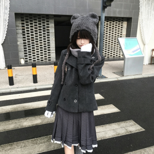 秋柚语原创日系通勤风双排扣呢大衣女短款上衣jk制服灰色显瘦外套