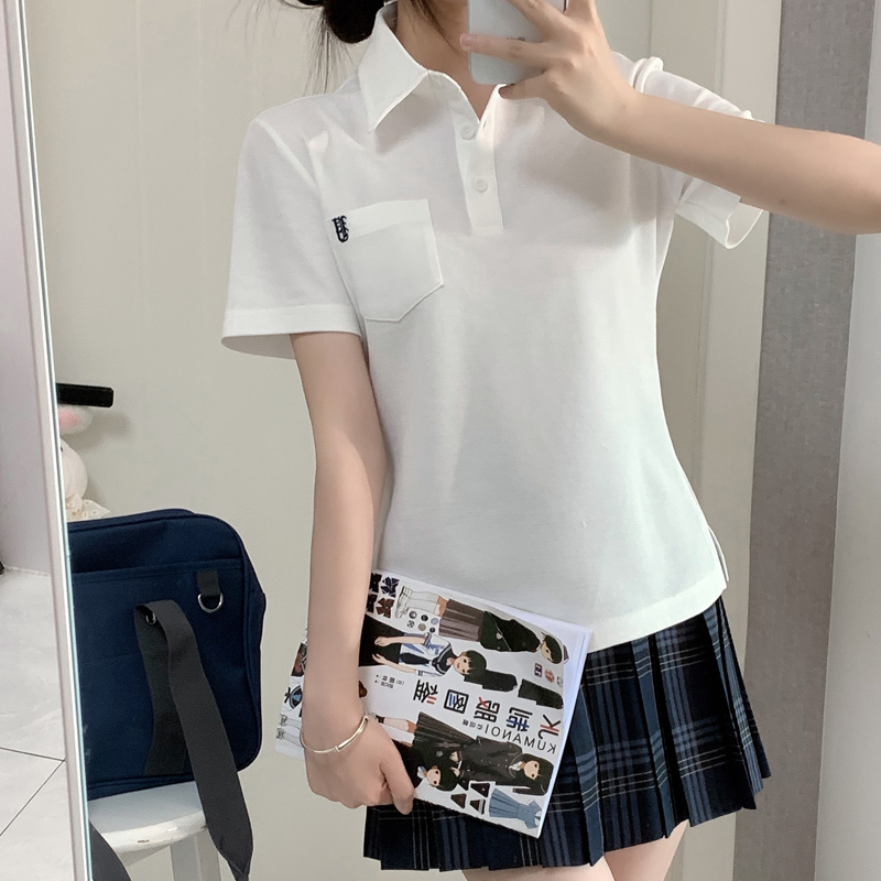秋柚语原创 夏季T恤 日系校供感白色polo衫百搭运动款jk针织短袖
