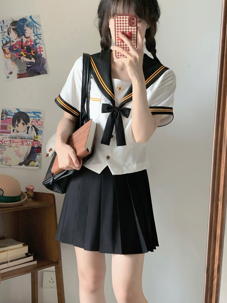 秋柚语新款【金果果】原创水手服jk制服校供学院短袖收腰款套装