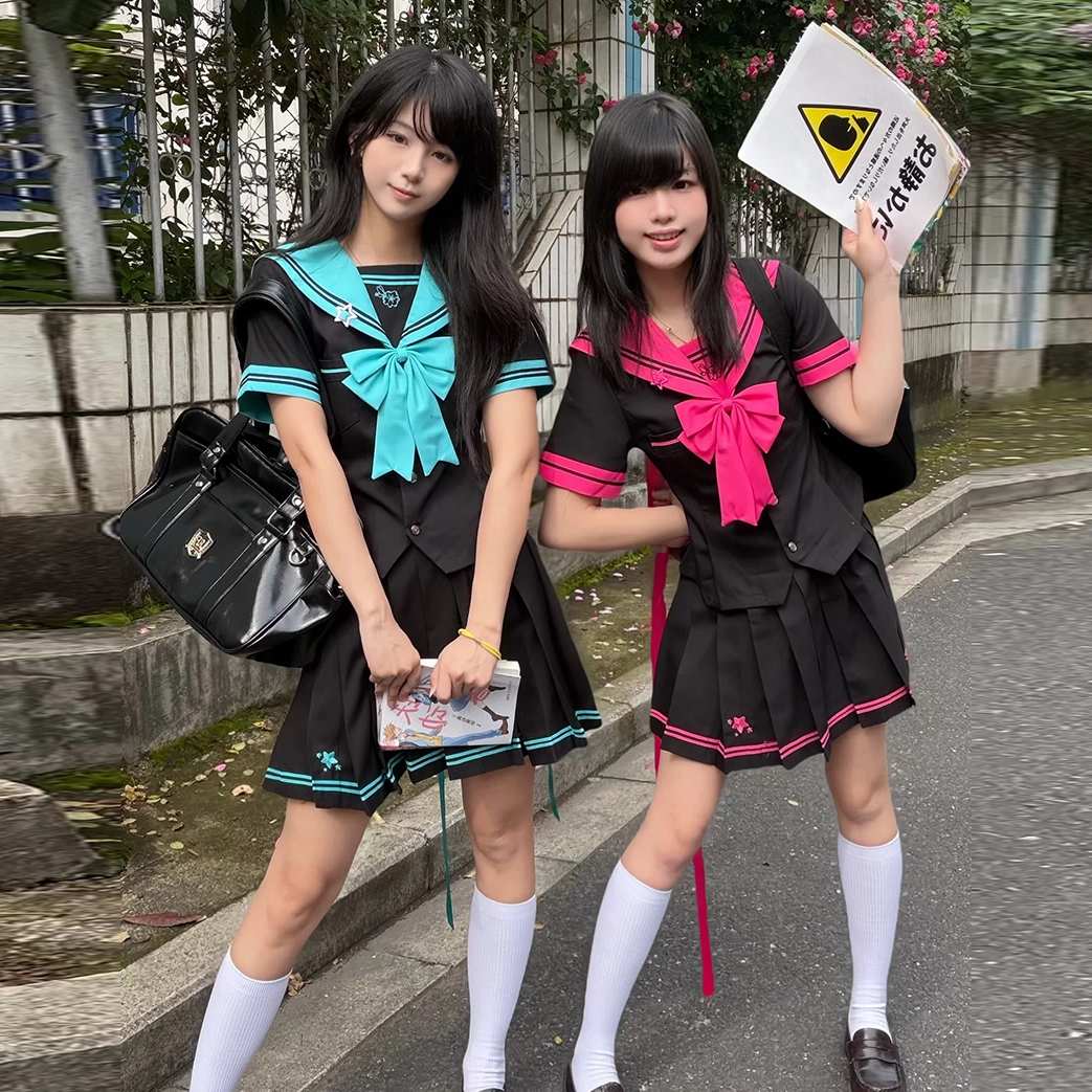 秋柚语原创jk水手服/玫甜星/短袖黑玫色初音色收腰显瘦学院风制服