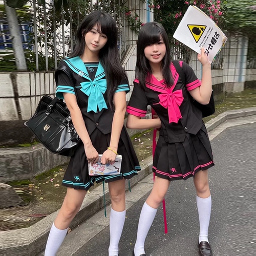 秋柚语原创jk水手服/玫甜星/短袖黑玫色初音色收腰显瘦学院风制服