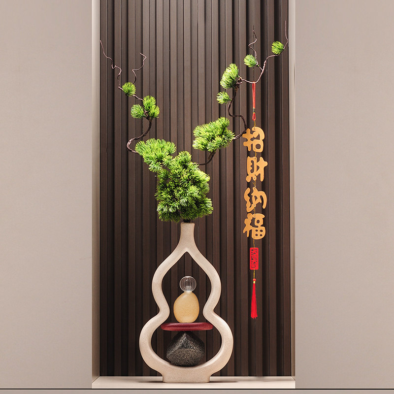 石来运转葫芦花瓶陶瓷摆饰竖高招财客厅新中式入户玄关迎客松装饰