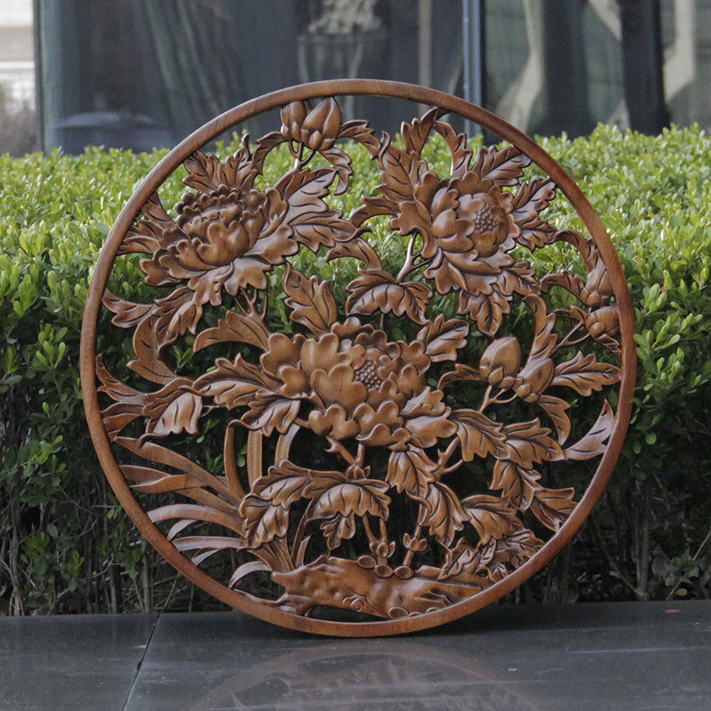 东阳木雕实木挂件中式客厅圆形花开 富贵壁挂玄关入户背景墙装饰