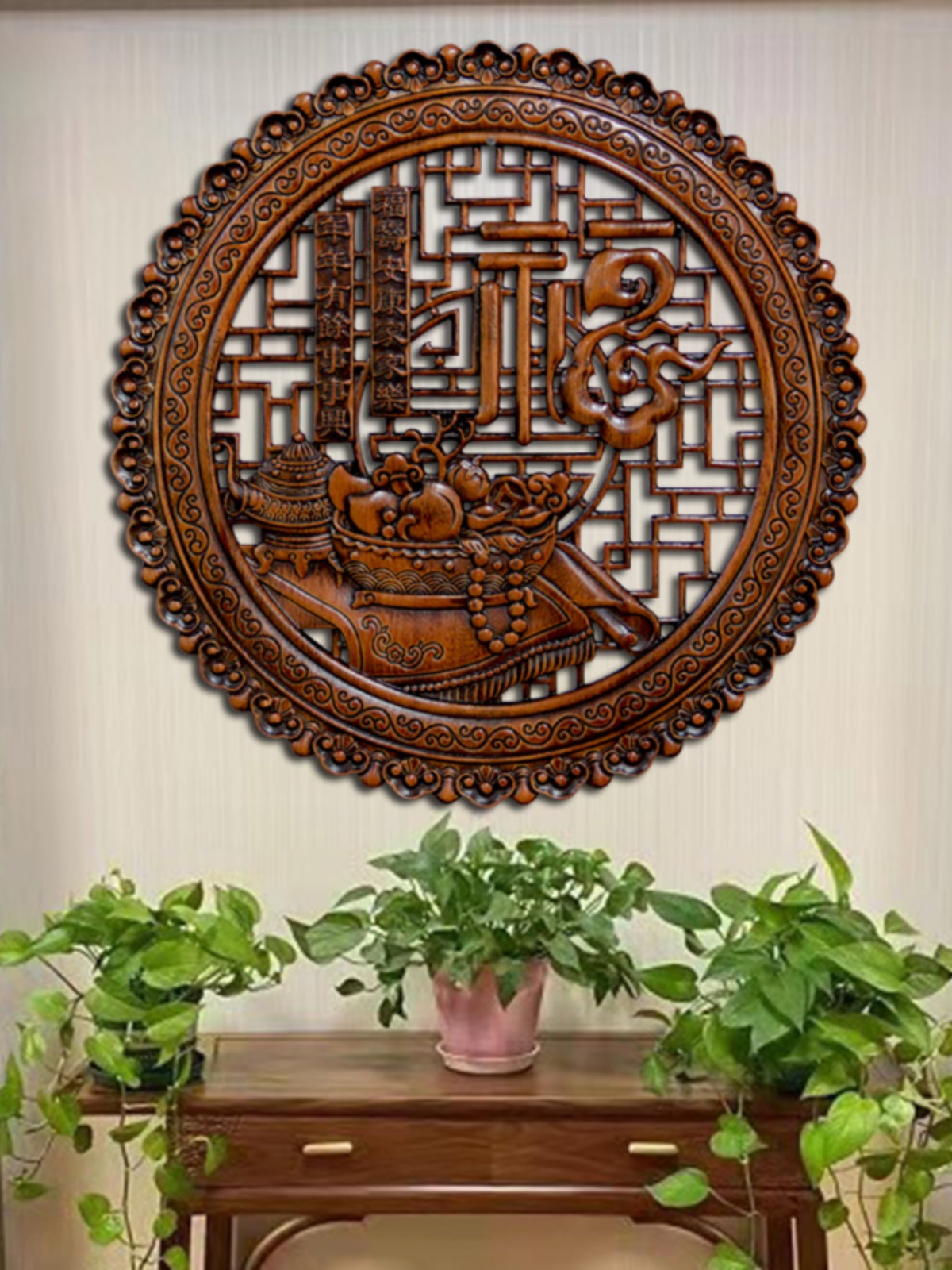 Dongyang wood carving pendants Chinese antique living room porch background round Fu character wall hanging decorative painting solid wood crafts