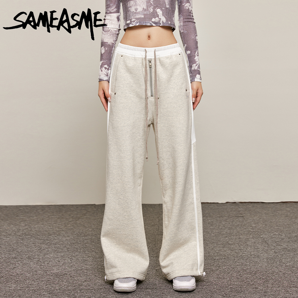 SAMEASME 灰色阔腿运动裤宽松遮肉显瘦拖地裤设计感加薄绒裤子