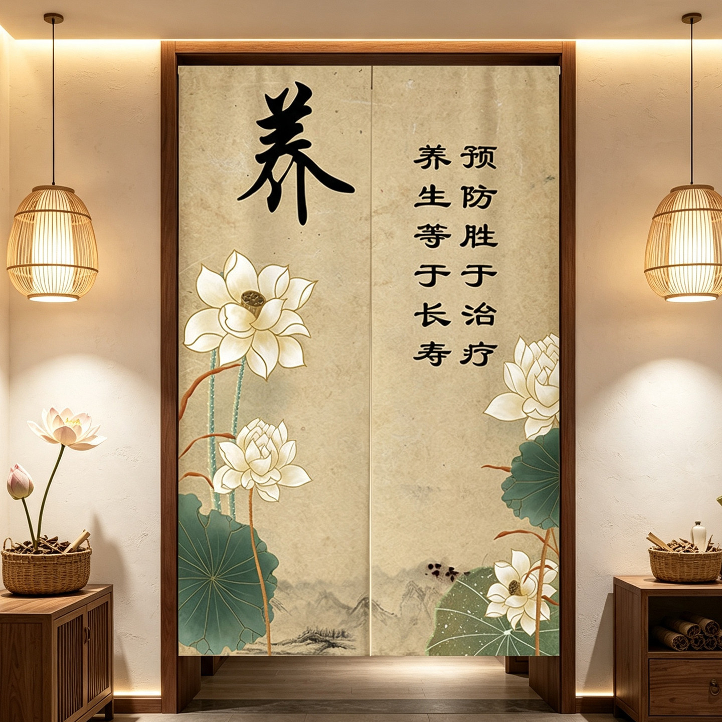 中式养生馆门帘隔断帘定制商用中医馆遮挡挂帘美容院诊所半截布帘图片