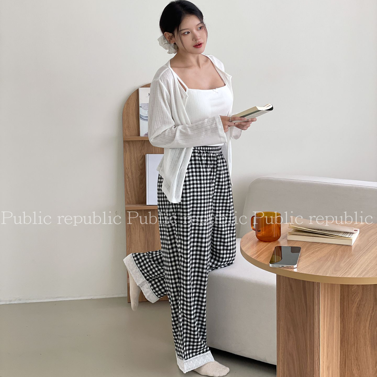 韩系慵懒格子带胸垫三件套家居服