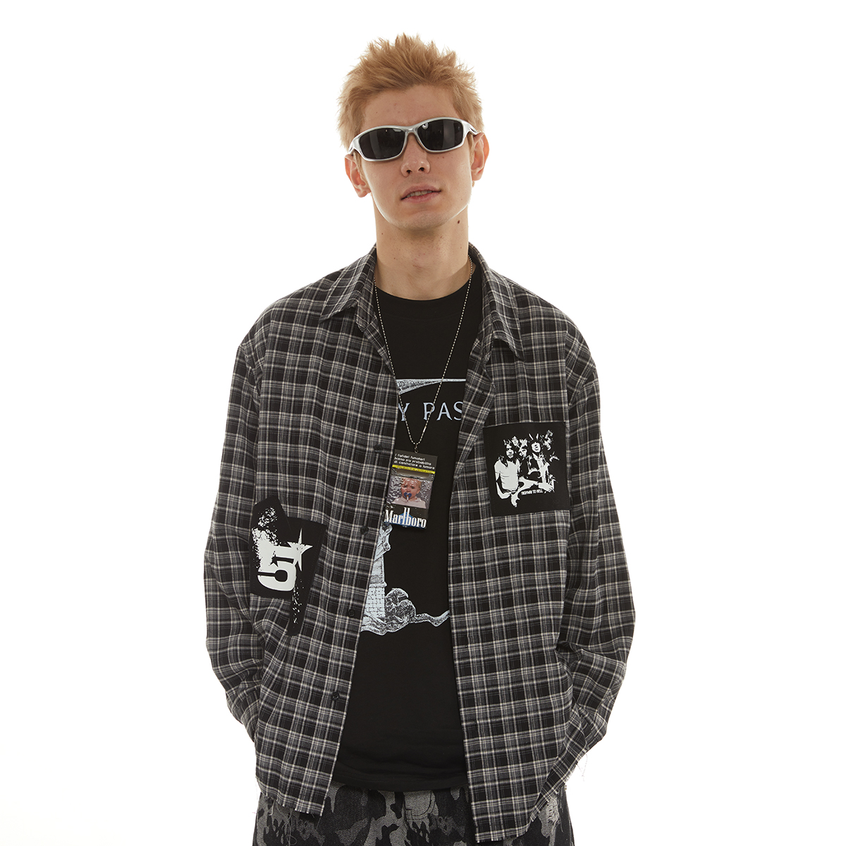 PASET美式复古贴布格子毛边衬衣