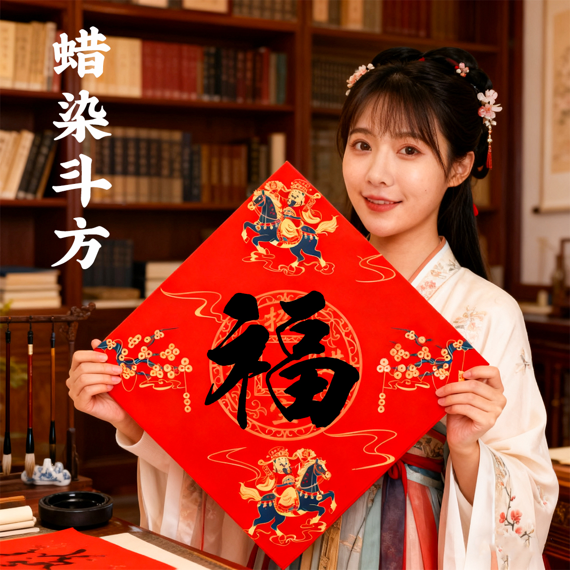 万年红福字斗方红色乔迁之喜结婚用品龙凤花纹2026马年新款空白手写对联新年春节半生熟正红加厚蜡染宣纸