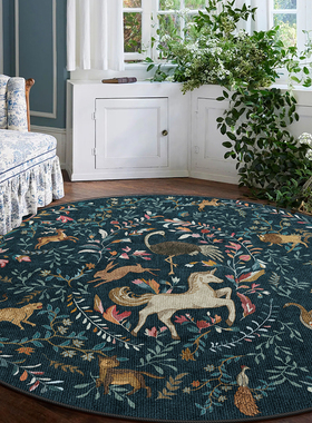 楼兰美惠 法式蓝色花枝纹中古圆形地毯客厅衣帽间防水0甲醛波斯毯