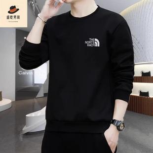 高端品牌圆领厚棉T男春秋季新款宽松休闲时尚印花男士纯棉长袖t恤