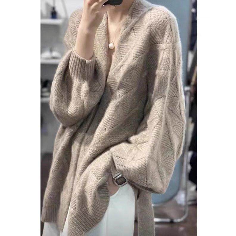 韩版菱形设计纯羊绒针织开衫女慵懒风中长款宽松羊毛纯色毛衣外套