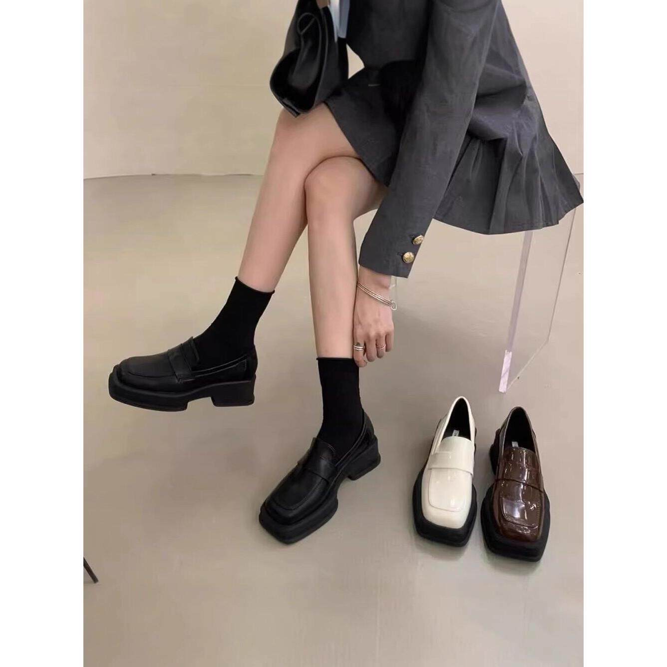 冰岛加热器~Itsk Loafers女士厚底小黑方头英式小皮鞋