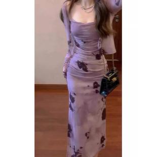 欧洲站2025新中国风设计墨水污迹拉伸网吊带连衣裙和开衫两件套