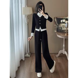 欧洲站黑白撞色衬衫领时尚套装女2025新款春秋冬季阔腿裤两件套潮