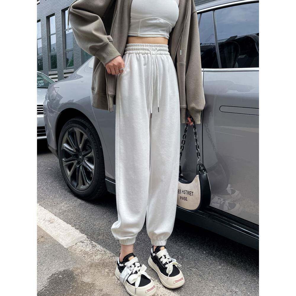 韩国运动裤女春秋季小个子高腰束脚显瘦卫裤2025白色休闲灯笼裤子
