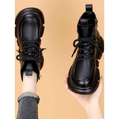 潮牌真皮马丁靴女英伦风2025秋冬新款松糕厚底单靴增高配裙子短靴