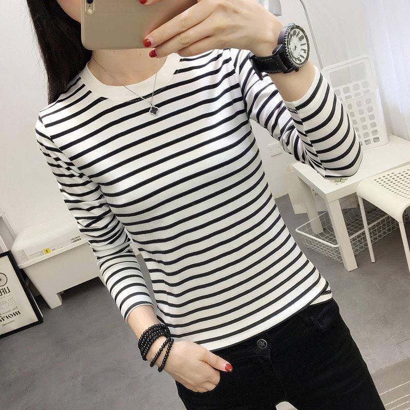 欧洲站条纹长袖T恤女2025新款春秋季宽松韩版慵懒风纯棉打底上衣