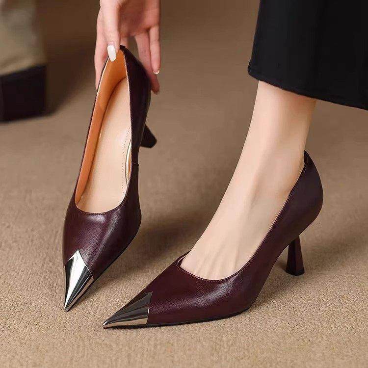 法式真皮金属头浅口单鞋女2025春秋新款尖头细跟高跟鞋气质小皮鞋,女鞋,浅口单鞋,淘宝优惠券,粉丝福利购,淘宝优惠卷