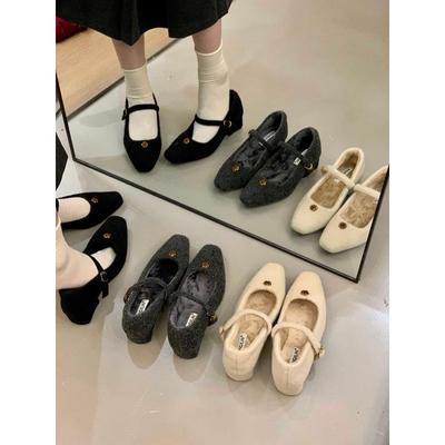 潮牌粗跟高跟方头单鞋女鞋子2025年新款冬季晚晚玛丽珍加绒毛毛鞋