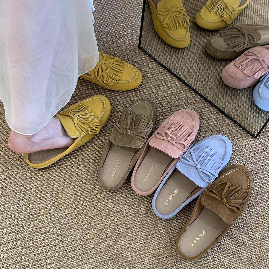 潮牌磨砂真皮文艺包头半拖鞋女外穿懒人一脚蹬休闲平底百搭穆勒鞋,女鞋,勃肯鞋/软木鞋,淘宝优惠券,粉丝福利购,淘宝优惠卷