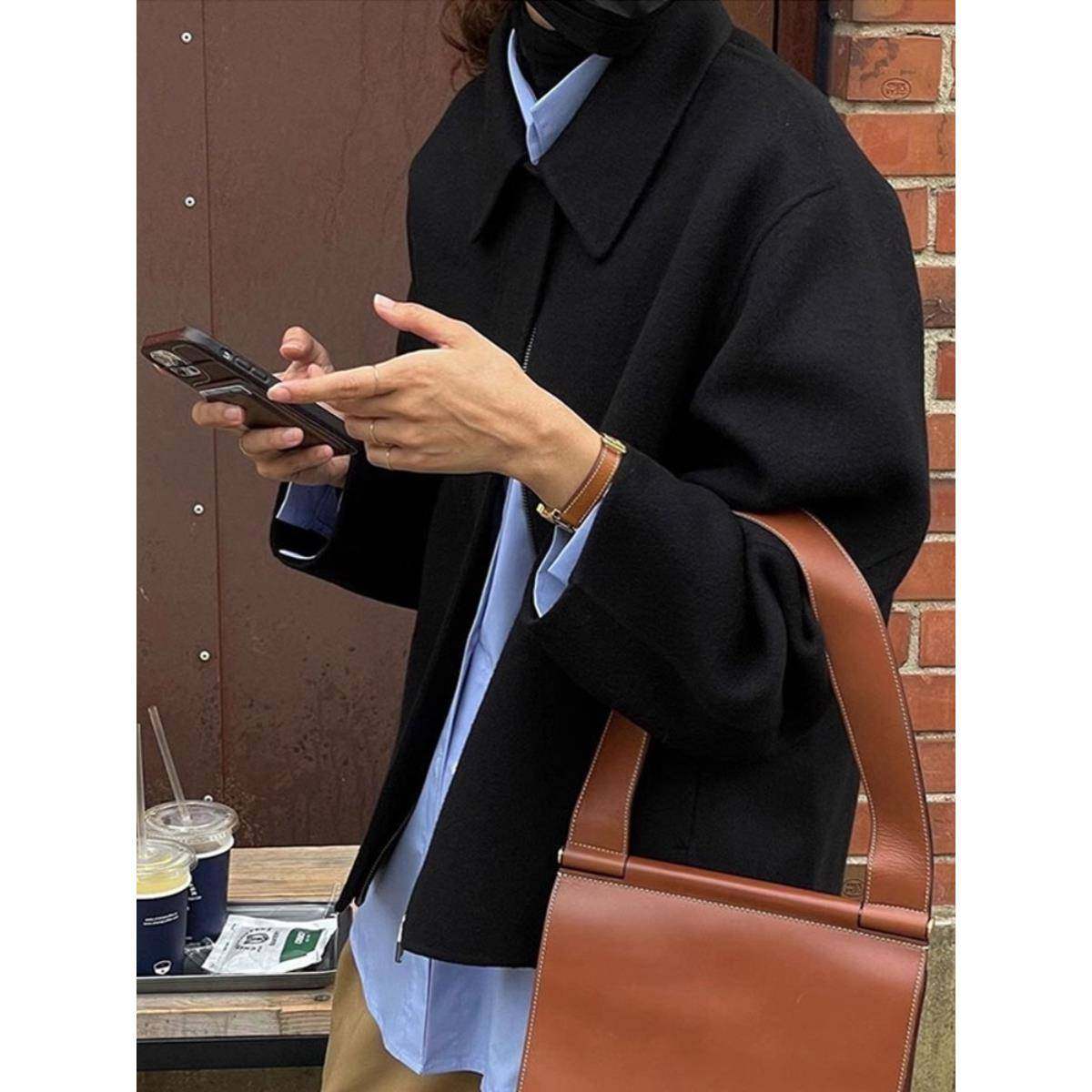 韩国东大门2024新款纯色双面羊绒大衣女小个子覆古翻领羊毛呢外套